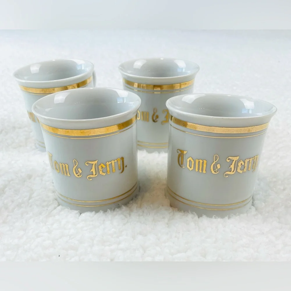 (VTG) TOM & JERRY • Set of 4 White and Gold Tea Cups